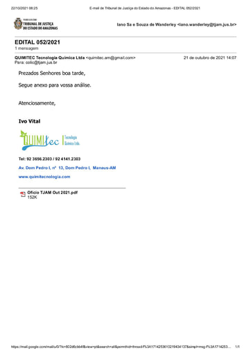 PREGÃO ELETRÔNICO Nº 52/2021 - PEDIDO DE ESCLARECIMENTO - QUIMITEC