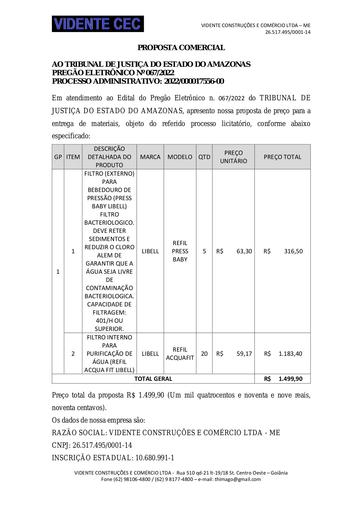 PREGÃO ELETRÔNICO Nº 067/2022 - PROPOSTA - GRUPO 1 - VIDENTE CONSTRUCOES E COMERCIO