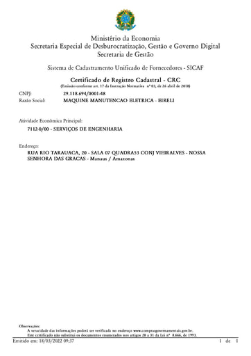 PREGÃO ELETRÔNICO Nº 005/2022 - SICAF E CNDT - ITEM 1 - MAQUINE