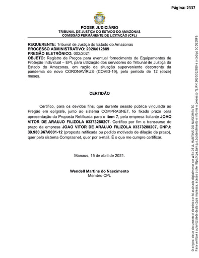 PREGÃO ELETRÔNICO Nº 002/2021 - CERTIDÃO DECURSO DE PRAZO - ITEM 7 - JOÃO VITOR