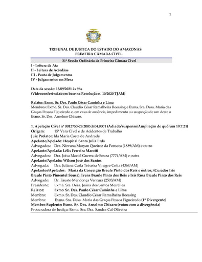 Pauta de Julgamento da 1ª.Câmara Cível de 13 09 2021
