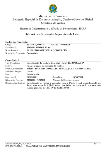 PREGÃO ELETRÔNICO Nº 037/2021 - IMPEDIMENTO - ANDREI SANTOS - ITENS 3 E 7