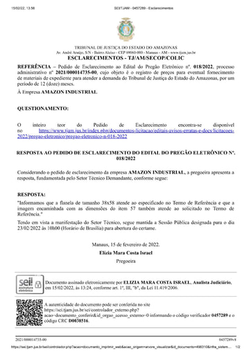 PREGÃO ELETRÔNICO Nº 018/2022 - RESPOSTA AO PEDIDO DE ESCLARECIMENTO - AMAZON