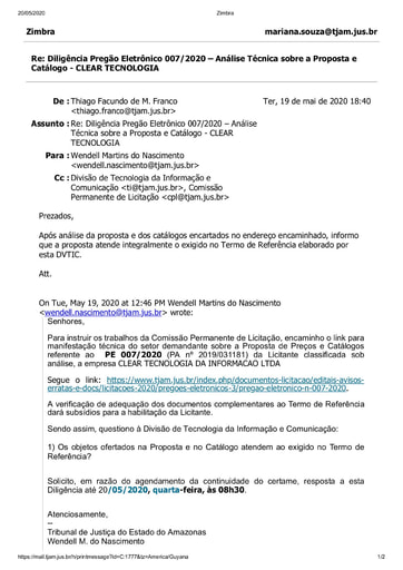 PREGÃO ELETRÔNICO Nº 007/2020 – DILIGÊNCIA CPL À DIVISÃO DE TECNOLOGIA - PROPOSTA E CATÁLOGOS - CLEAR TECNOLOGIA