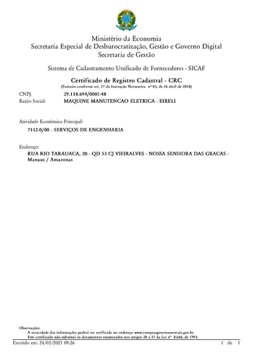 PREGÃO ELETRÔNICO Nº 013/2021 - HABILITAÇÃO - SICAF E CNDT - MAQUINE