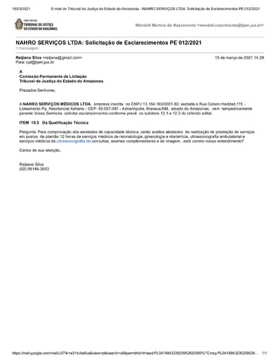 PREGÃO ELETRÔNICO Nº 012/2021 – PEDIDO DE ESCLARECIMENTO - NAHRO SERVIÇOS