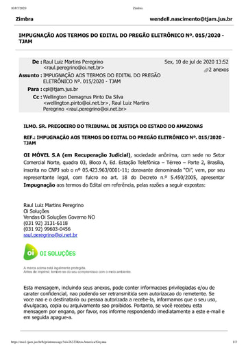PREGÃO ELETRÔNICO Nº 015/2020 - PEDIDO DE IMPUGNAÇÃO - OI