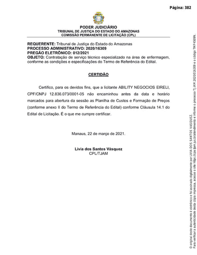 PREGÃO ELETRÔNICO Nº 012/2021 – CERTIDÃO - ABILITY