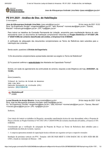 PREGÃO ELETRÔNICO Nº 011/2021 - DILIGÊNCIA CPL À DIVISÃO DE ENGENHARIA - DOCUMENTOS COMPLEMENTARES - G DA S BESSA