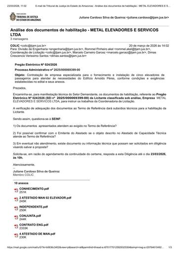 PREGÃO ELETRÔNICO Nº 024/2026 - DILIGÊNCIA COLIC À SEINF - DOCUMENTOS DE HABILITAÇÃO - METAL ELEVADORES E SERVICOS LTDA