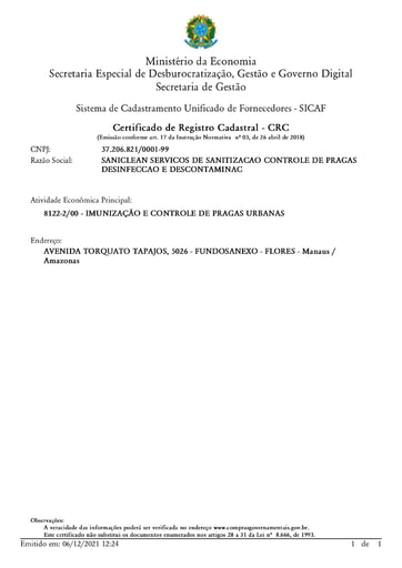 PREGÃO ELETRÔNICO Nº 57/2021 - HABILITAÇÃO - SICAF E CNDT - SANICLEAN