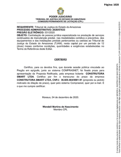 PREGÃO ELETRÔNICO Nº 031/2020 - CERTIDÃO DECURSO DE PRAZO - CONSTRUTORA SMART