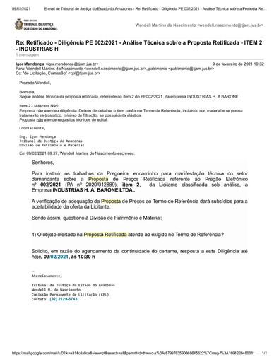 PREGÃO ELETRÔNICO Nº 002/2021 - Diligência CPL à Divisão de Patrimônio - Proposta Retificada - ITEM 2 - INDUSTRIAS H