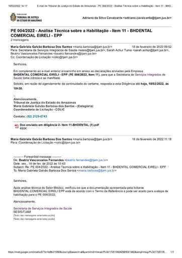 PREGÃO ELETRÔNICO Nº 004/2022 - DILIGÊNCIA COLIC À SECRETARIA DE SERVIÇOS INTEGRADOS DE SÁUDE - ITEM 11 - HABILITAÇÃO - BHDENTAL