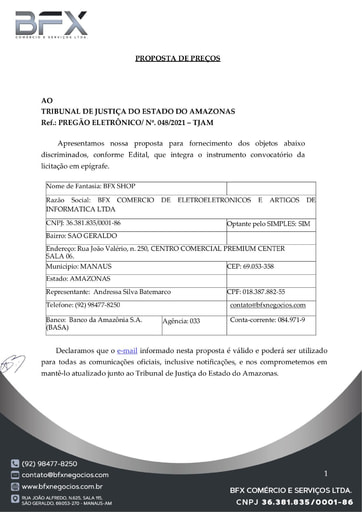 PREGÃO ELETRÔNICO Nº 48/2021 - PROPOSTA - BFX COMERCIO