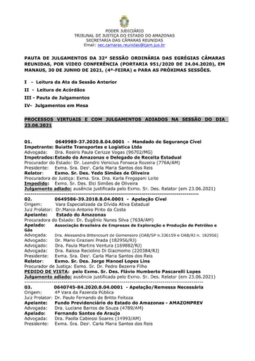 PAUTA DE JULGAMENTOS DO DIA 30 06 2021