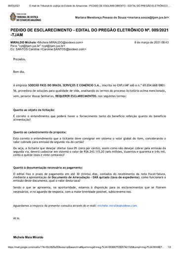 PREGÃO ELETRÔNICO Nº 009/2021 – PEDIDO DE ESCLARECIMENTO - SODEXO