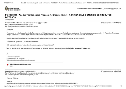 PREGÃO ELETRÔNICO Nº 045/2021 – DILIGÊNCIA COLIC À DIVISÃO DE PATRIMÔNIO - PROPOSTA RETIFICADA ITEM 4 - ADRIANA