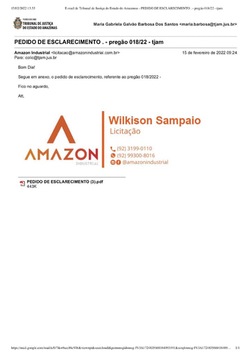 PREGÃO ELETRÔNICO Nº 018/2022 - PEDIDO DE ESCLARECIMENTO - AMAZON