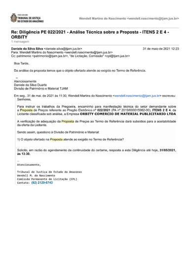 PREGÃO ELETRÔNICO Nº 022/2021 - DILIGÊNCIA CPL À DIVISÃO DE PATRIMÔNIO - PROPOSTA - ITENS 2 E 4 - ORBITY