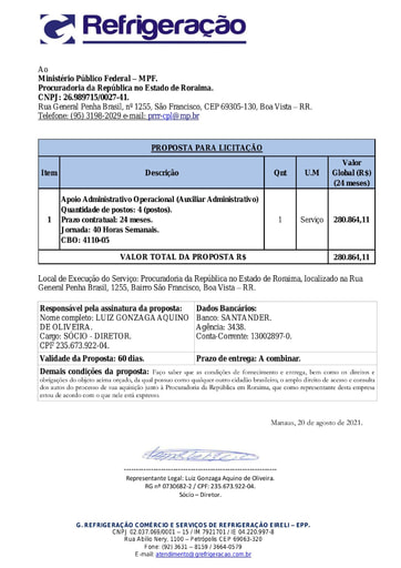 PREGÃO ELETRÔNICO Nº 039/2021 - PROPOSTA - G REFRIGERAÇÃO