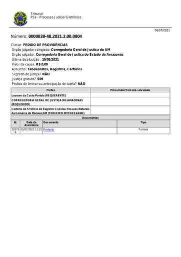 Portaria nº 104/2021-CGJ/AM (HOMOLOGA a designação da Sra. LIVIA DA SILVA PORTELA como substituta do 5.° Ofício do Registro Civil das Pessoas Naturais da Comarca de Manaus/AM)