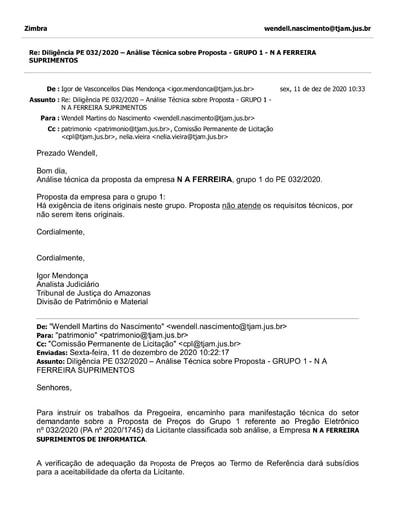 PREGÃO ELETRÔNICO Nº 032/2020 - DILIGÊNCIA CPL À DIVISÃO DE PATRIMÔNIO - PROPOSTA - G1 - N A FERREIRA SUPRIMENTOS