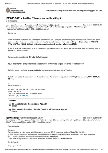 PREGÃO ELETRÔNICO Nº 015/2021 - DILIGÊNCIA CPL À DIVISÃO DE PATRIMÔNIO - DOCUMENTOS COMPLEMENTARES - ITEM 2 - 2TLB