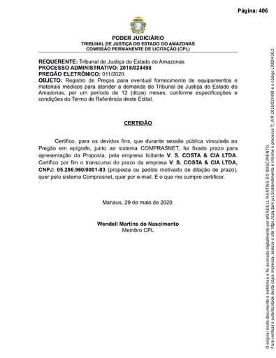 PREGÃO ELETRÔNICO Nº 011/2020 - Certidão - Decurso de Prazo - ITEM 24 - V. S. COSTA & CIA LTDA