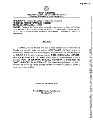 PREGÃO ELETRÔNICO Nº 014/2021 - CERTIDÃO - DECURSO DE PRAZO - GRUPOS 2 E 5 - POOL ENGENHARIA