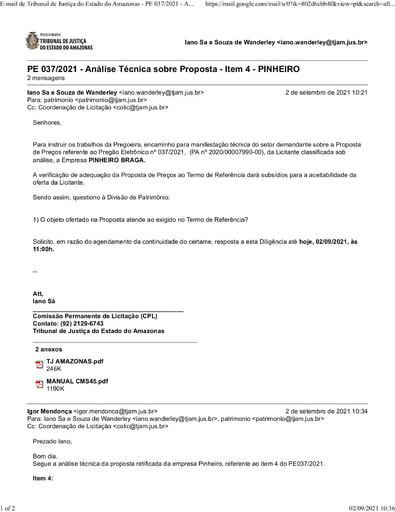 PREGÃO ELETRÔNICO Nº 037/2021 – DILIGÊNCIA COLIC À DIVISÃO DE PATRIMÔNIO - PROPOSTA - ITEM 4 - PINHEIRO