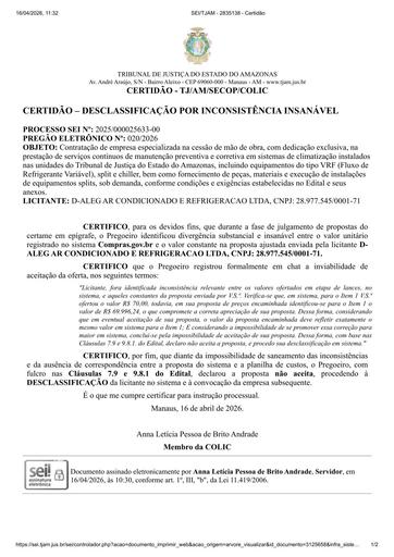PREGÃO ELETRÔNICO Nº 020/2026 - CERTIDÃO DE DESCLASSIFICAÇÃO POR INCONSISTÊNCIA INSANÁVEL  - D-ALEG AR CONDICIONADO E REFRIGERACAO LTDA - LOTE 1