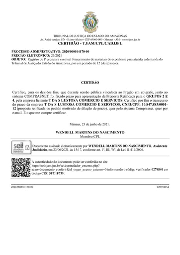 PREGÃO ELETRÔNICO Nº 026/2021 - CERTIDÃO DECURSO DE PRAZO - GRUPOS 2 E 4 - T DA S LUSTOSA