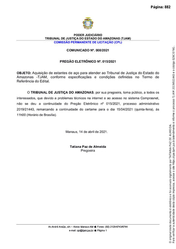 PREGÃO ELETRÔNICO Nº 015/2021 - COMUNICADO 008/2021 - CONTINUIDADE CERTAME