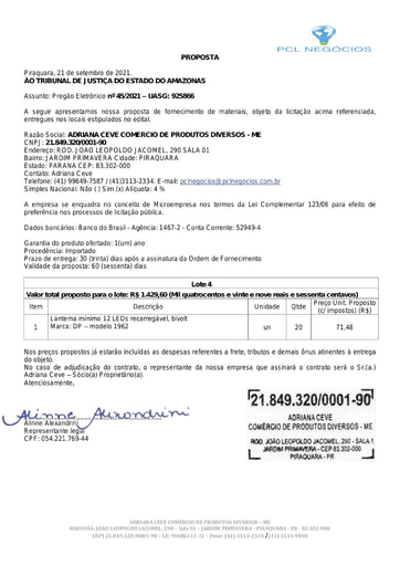 PREGÃO ELETRÔNICO Nº 45/2021 - PROPOSTA - ITEM 4 - ADRIANA
