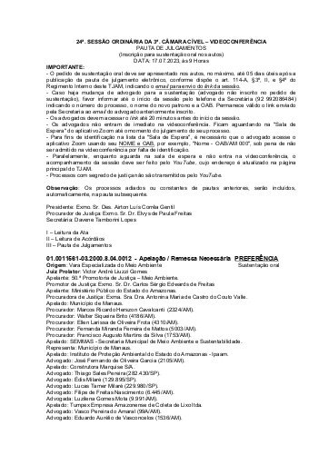 24a Sessão Ordinária da Terceira Câmara Cível - VIA VIDEOCONFERÊNCIA - Data: 17.07.2023 Hora: 09:00 Horas