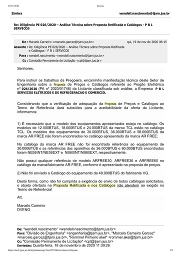 PREGÃO ELETRÔNICO Nº 026/2020 – DILIGÊNCIA CPL À DIVISÃO DE ENGENHARIA - PROPOSTA RETIFICADA E CATÁLOGOS - PBL SERVIÇOS