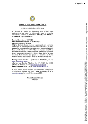 PREGÃO ELETRÔNICO Nº 020/2021 - AVISO DE LICITAÇÃO