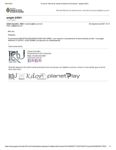 PREGÃO ELETRÔNICO Nº 002/2021 - PEDIDO DE DESCLASSIFICAÇÃO - KDU - ITEM 1