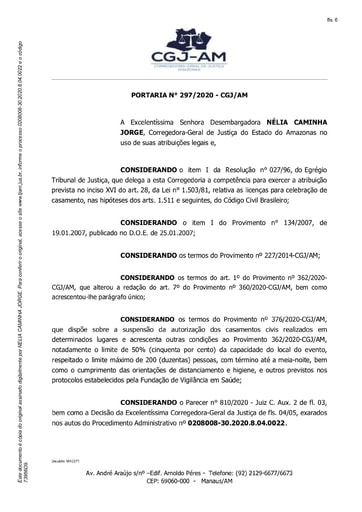 Portaria nº 297/2020-CGJ/AM (Autoriza a Ilma. Sra. Juíza de Paz Dra. ALESSANDRA CONTIERO, a realizar o casamento de MARCOS ALEXANDRE BELÉM FARIAS e WEVERTON MOTA DE SOUZA, no dia 12/12/2020)