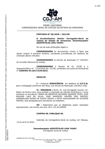 Portaria nº 28/2018-CGJ/AM (Instaura Sindicância - Processo nº 0206465-94.2017.8.04.0022)