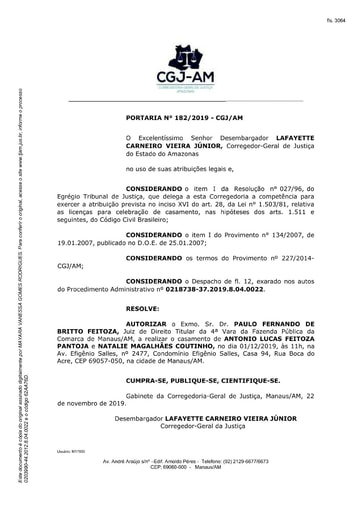 Portaria nº182/2019-CGJ/AM (Autoriza o Dr. Paulo Fernando de Britto Feitoza a realizar o casamento no dia 01/12/2019)
