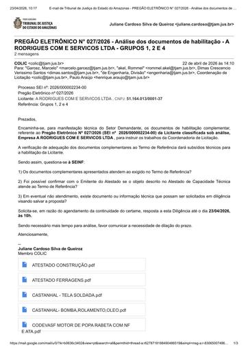 PREGÃO ELETRÔNICO Nº 027/2026 - DILIGÊNCIA COLIC À SEINF - DOCUMENTOS DE HABILITAÇÃO - GRUPOS 1,2 E 4 - A RODRIGUES COM E SERVICOS LTDA