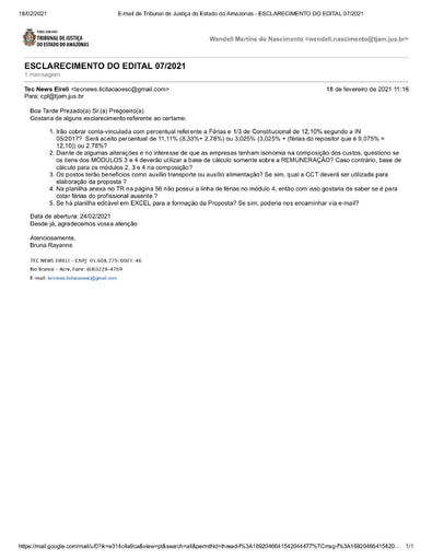 PREGÃO ELETRÔNICO Nº 007/2021 – PEDIDO DE ESCLARECIMENTO 1 - TEC NEWS