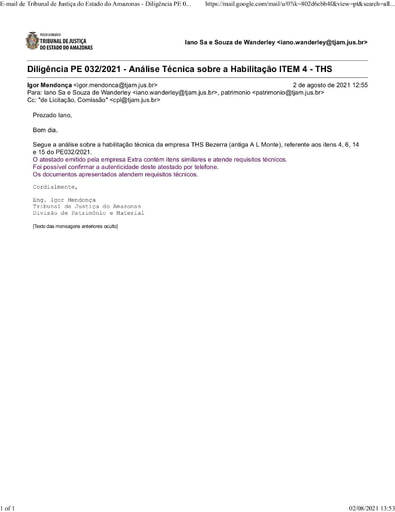 PREGÃO ELETRÔNICO Nº 032/2021 – DILIGÊNCIA CPL À DIVISÃO DE PATRIMÔNIO - DOCUMENTAÇÃO - THS
