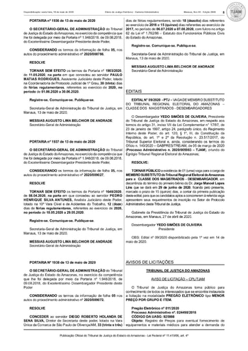 PREGÃO ELETRÔNICO Nº 011/2020 - AVISO DE LICITAÇÃO - DJE