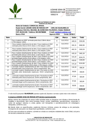 PREGÃO ELETRÔNICO Nº 032/2021 - PROPOSTA ITENS 2,7,8,9,10,12,13,16,17,18,19,20 - LIDIANE