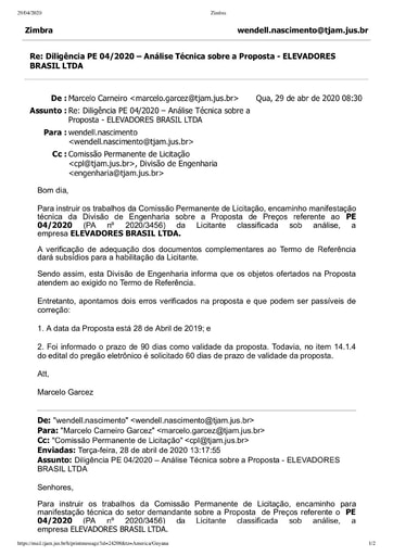 PREGÃO ELETRÔNICO Nº 004/2020 – DILIGÊNCIA CPL À DIVISÃO DE ENGENHARIA - PROPOSTA - ELEVADORES BRASIL