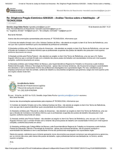 PREGÃO ELETRÔNICO Nº 029/2020 – DILIGÊNCIA CPL À DIVISÃO DE INFRAESTRUTURA E LOGÍSTICA - DOCUMENTAÇÃO - JF TECNOLOGIA