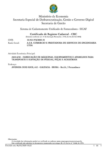 PREGÃO ELETRÔNICO Nº 004/2020 - HABILITAÇÃO - SICAF E CNDT - ASR